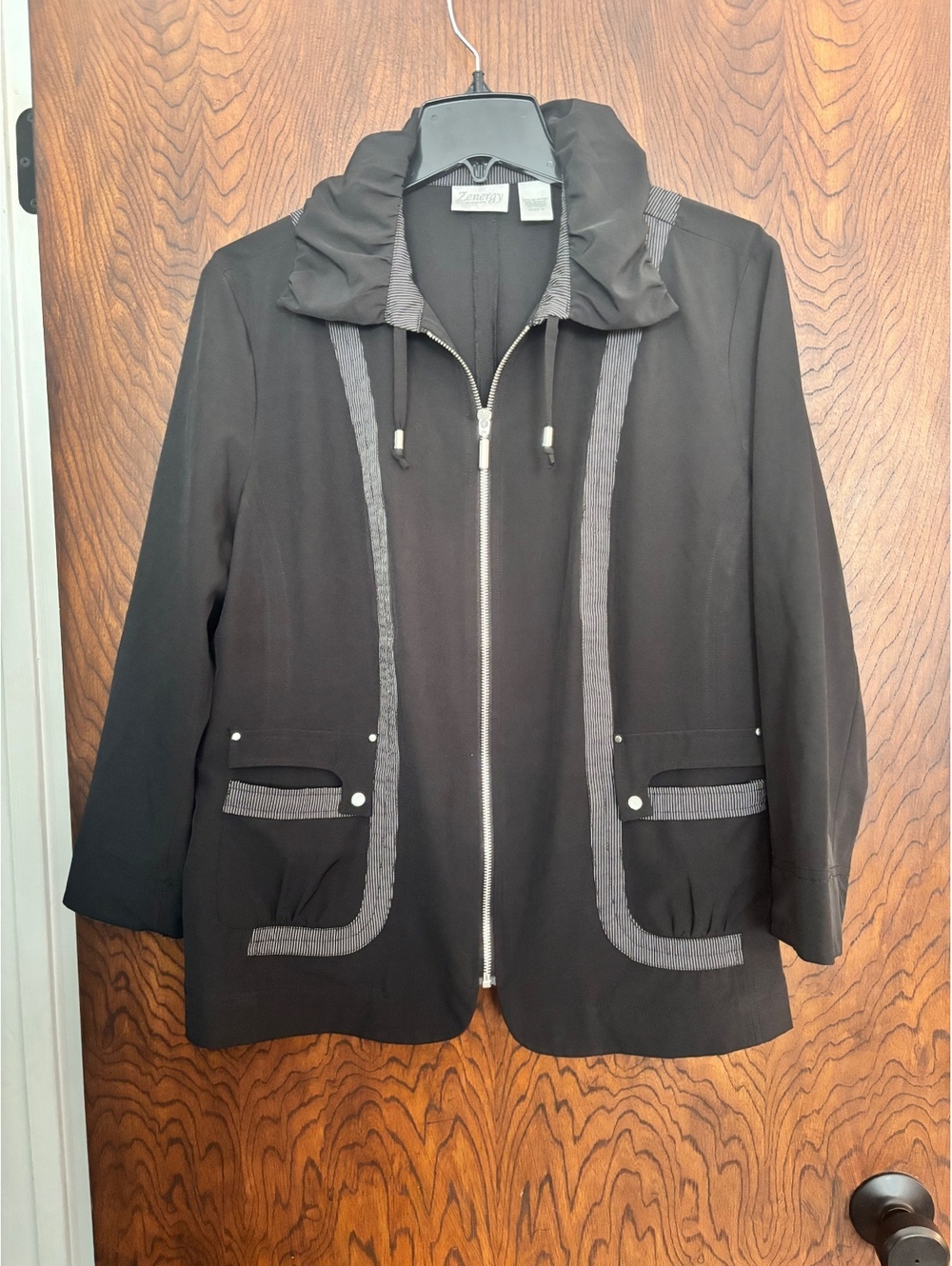 Zenergy by Chico's Black Jacket with Ruffled Collar and Stripe Trim, Size 2